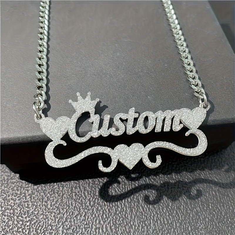 Customizable Stainless Steel Cuban Chain Necklace with Heart & Crown Pendant